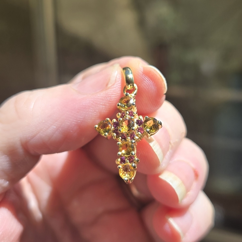 Tourmaline & Rhodolite Natural Sterling & Gold Cross Pendant Necklace 1" - Picture 5 of 10
